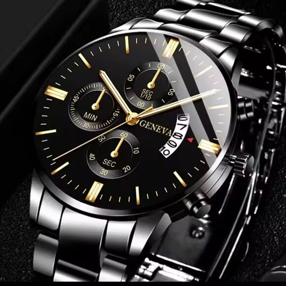 Men's Watch Stainless Steel Calendar Quartz Black New F4 - Picture 1 of 5